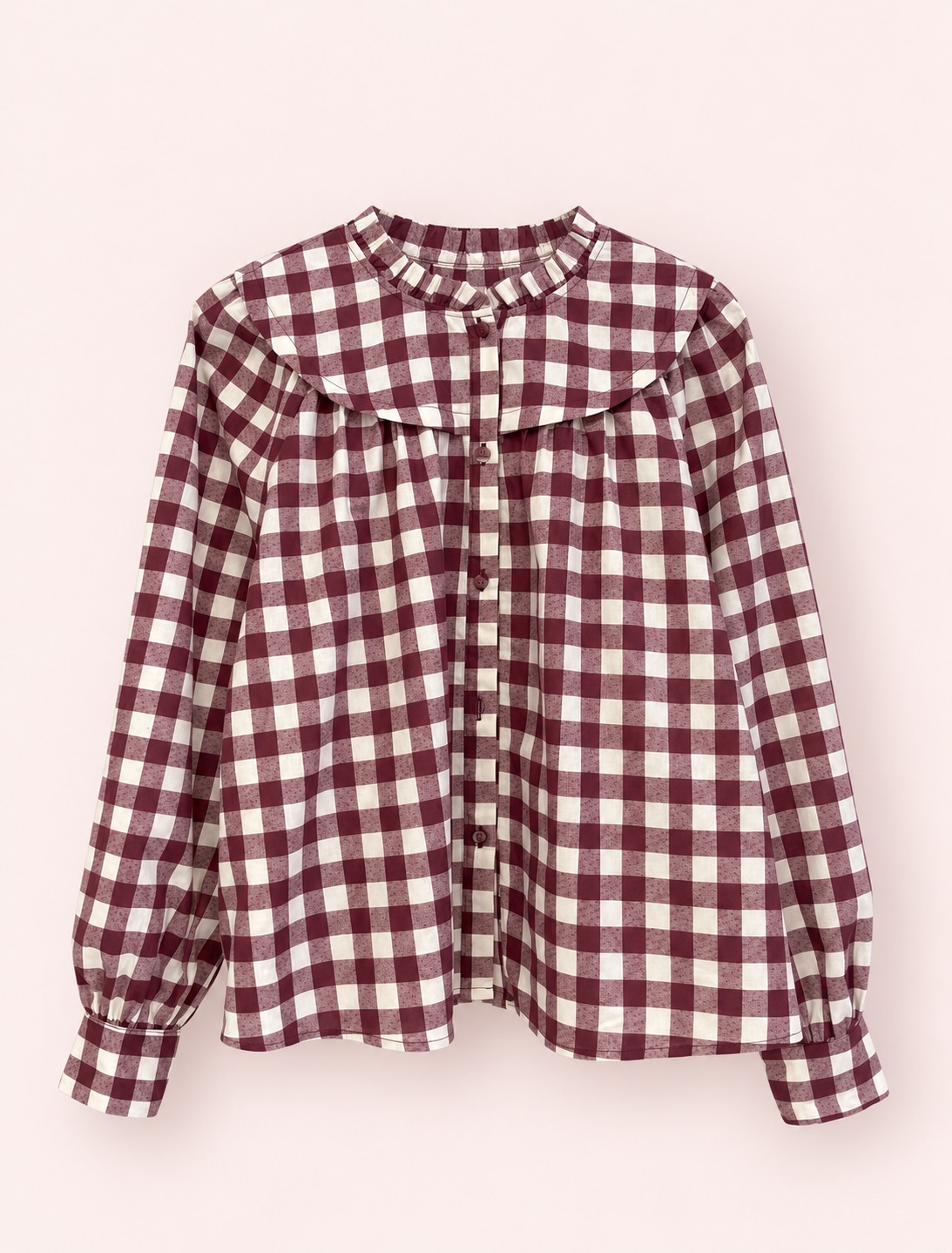 Camisa Cora de cuadros burdeos y crema - catálogo Matilusca sobre fondo rosa empolvado