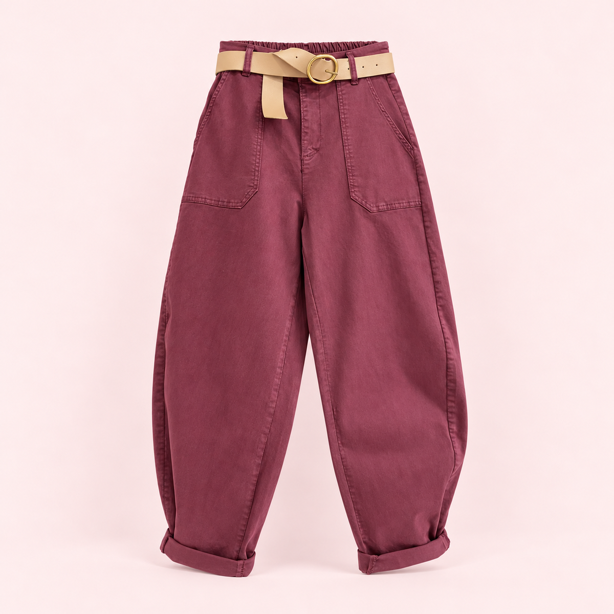 Burdeos | Pantalón Balloon - catálogo completo sobre fondo rosa