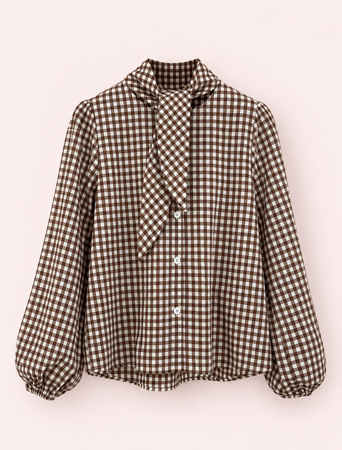 Marrón | Camisa Cuadro Vichy con Lazada - catálogo Matilusca sobre fondo rosa empolvado