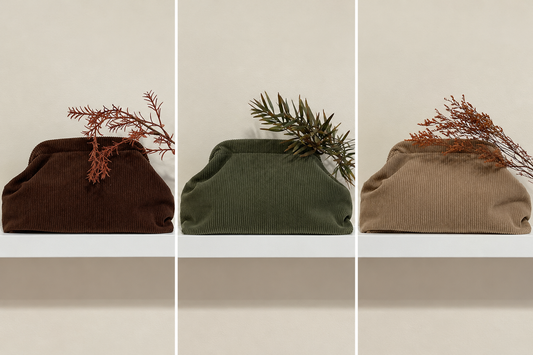 Bolsos clutch de pana marrón, caqui y tostado con ramas