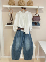 Blanco | Camisa New Romantic, look con tejano y accesorios marrones