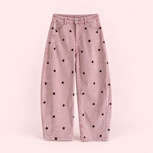 Rosa | Pantalón pana con topos - catálogo completo sobre fondo rosa