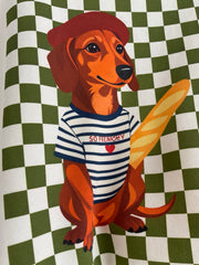 Detalle del dibujo perro con baguette en Verde/Crema